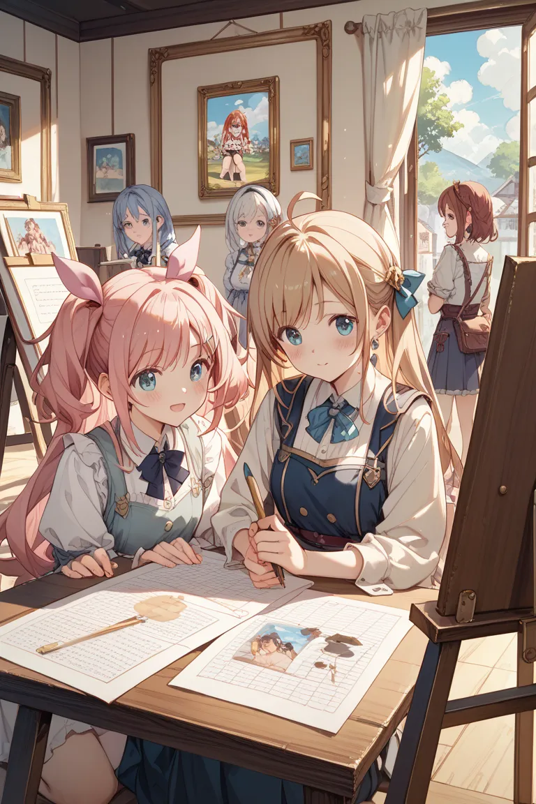 Kizuna Ai、Drawing Class、4 girls、Small private room、blush、 atelier 、canvas、easel、look here