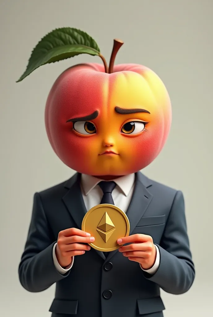 An animated peach in a serious suit with eth in his hands