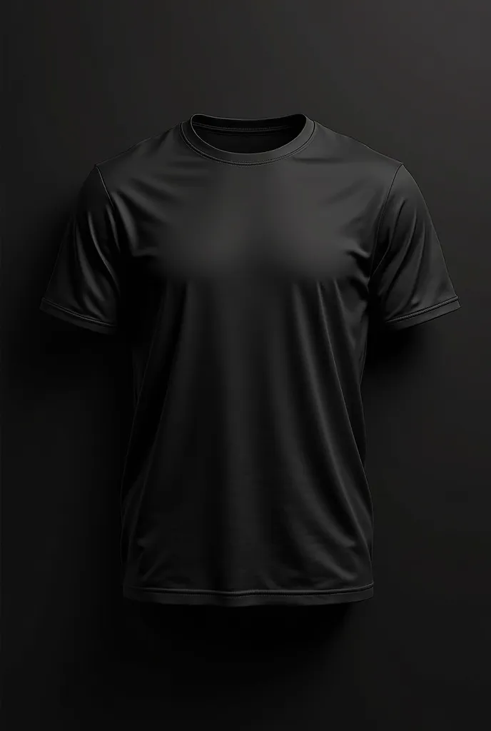 "A high-quality mockup of a black T-shirt (or hoodie/jacket) displayed against a deep black background. The fabric has a smooth yet slightly textured feel, with realistic folds and subtle lighting to highlight its shape. The black-on-black aesthetic gives ...