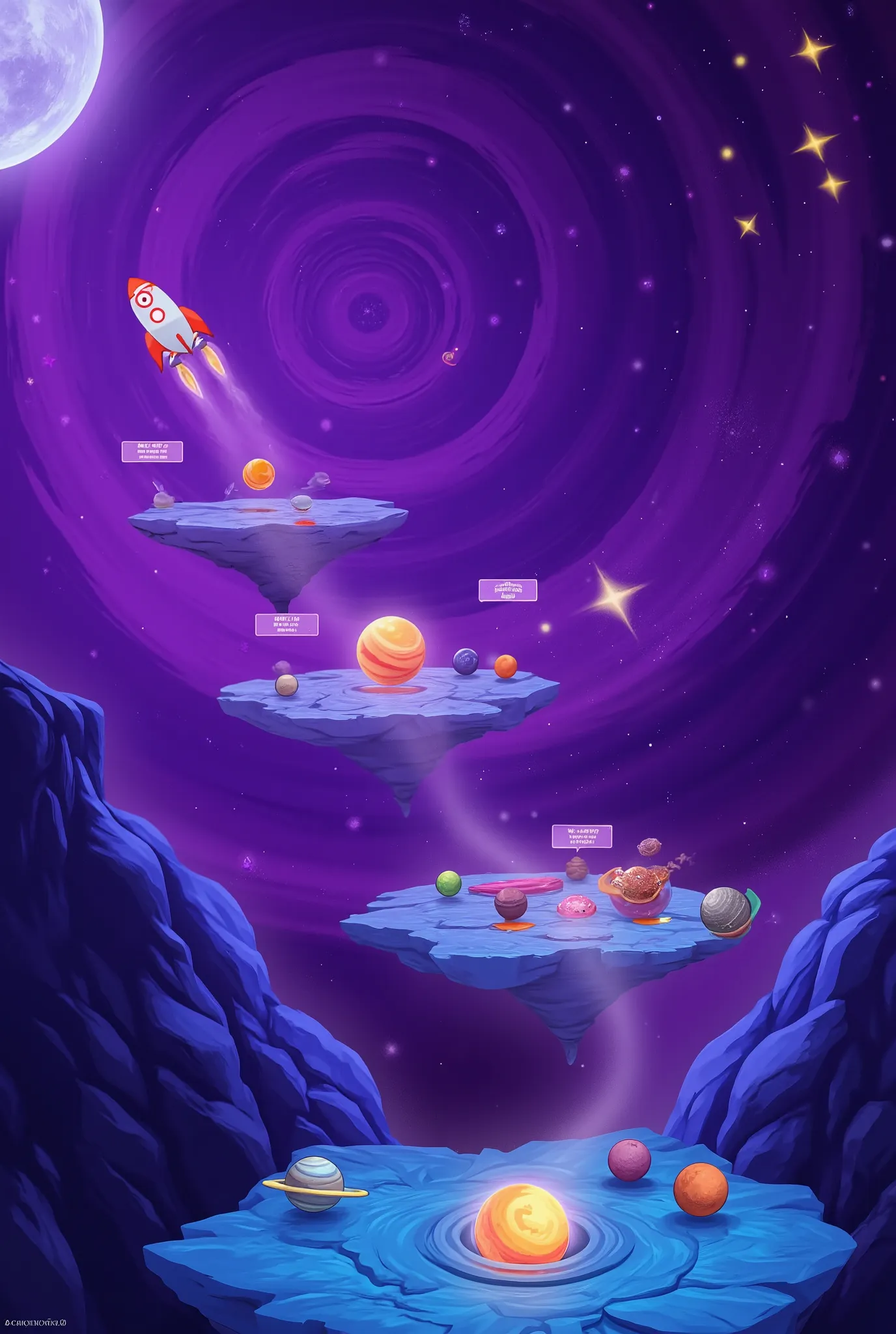 A vibrant purple space scene with floating rock platforms forming a timeline path. A cartoonish rocket follows the path.

Along the path (top to bottom):

7. Swirling galaxy with a modern telescope.
6. Earth-like planet with Ptolemy, orbiting planets with ...