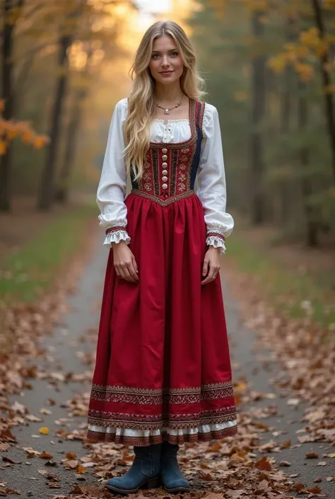 Beautiful Slavic woman, ((reality)), (dressed in traditional Polish dress), ( full body denim boots ), congress background,  looking at camera , little smile, red, blonde, natural face , reality face, 