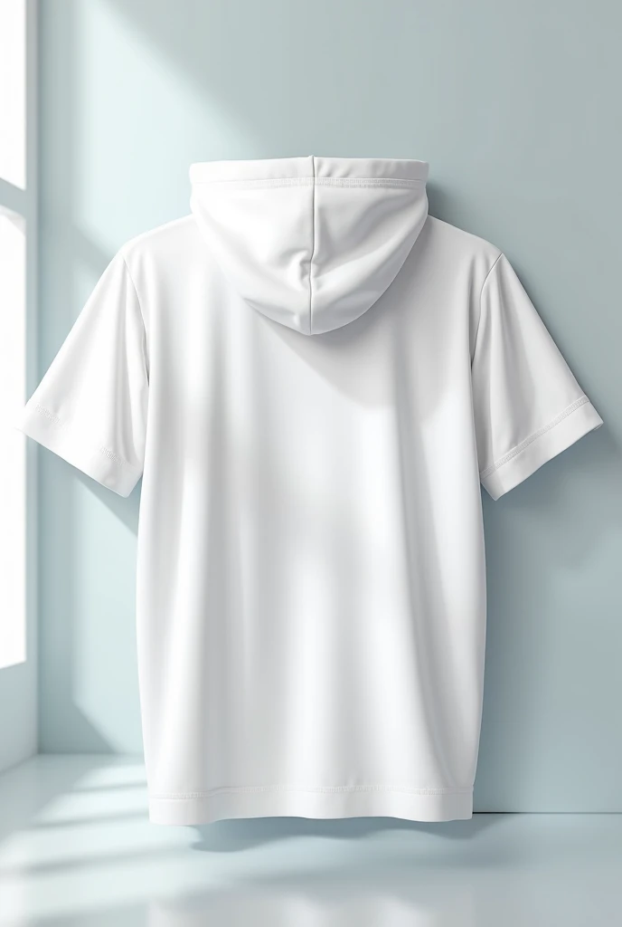 "A high-resolution mockup of a white T-shirt (or hoodie/jacket) displayed against a sleek, futuristic background. The fabric appears soft and premium, with natural creases and highlights. The background is minimalistic with a gradient or soft light reflect...