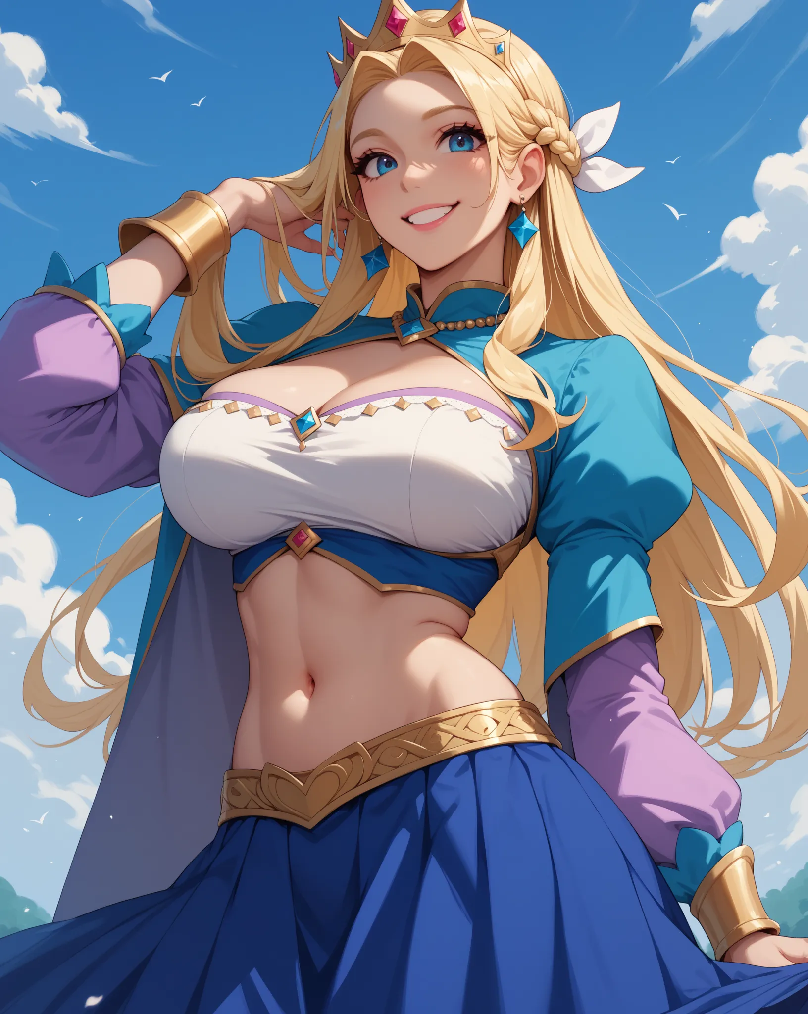 Alone woman ,long pony cosplay style,royal look, top, skirt, smiling, big breasts, High Resolution,cute, navel