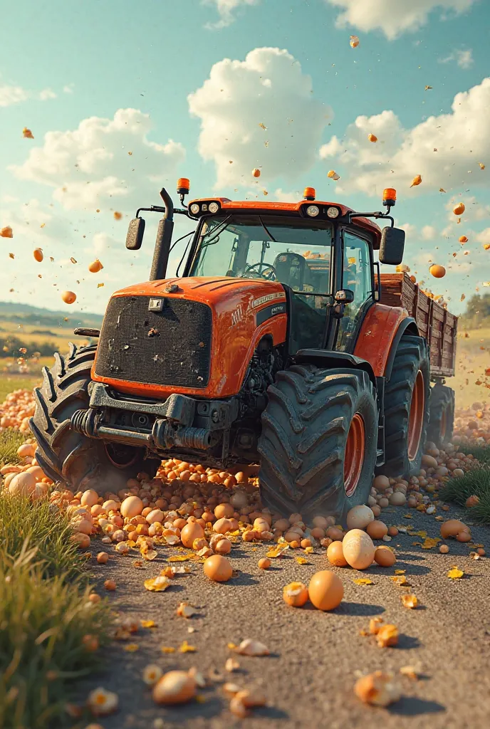 A truck loaded with eggs collides with a tractor