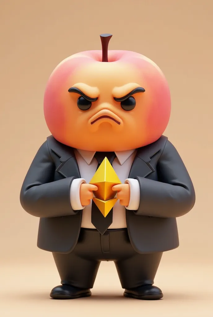 An animated peach in a serious suit with eth in his serious hands