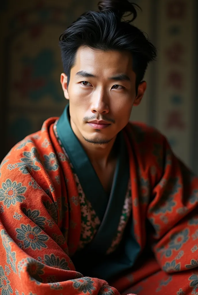 A handsome Chinese man is sitting on a cloth