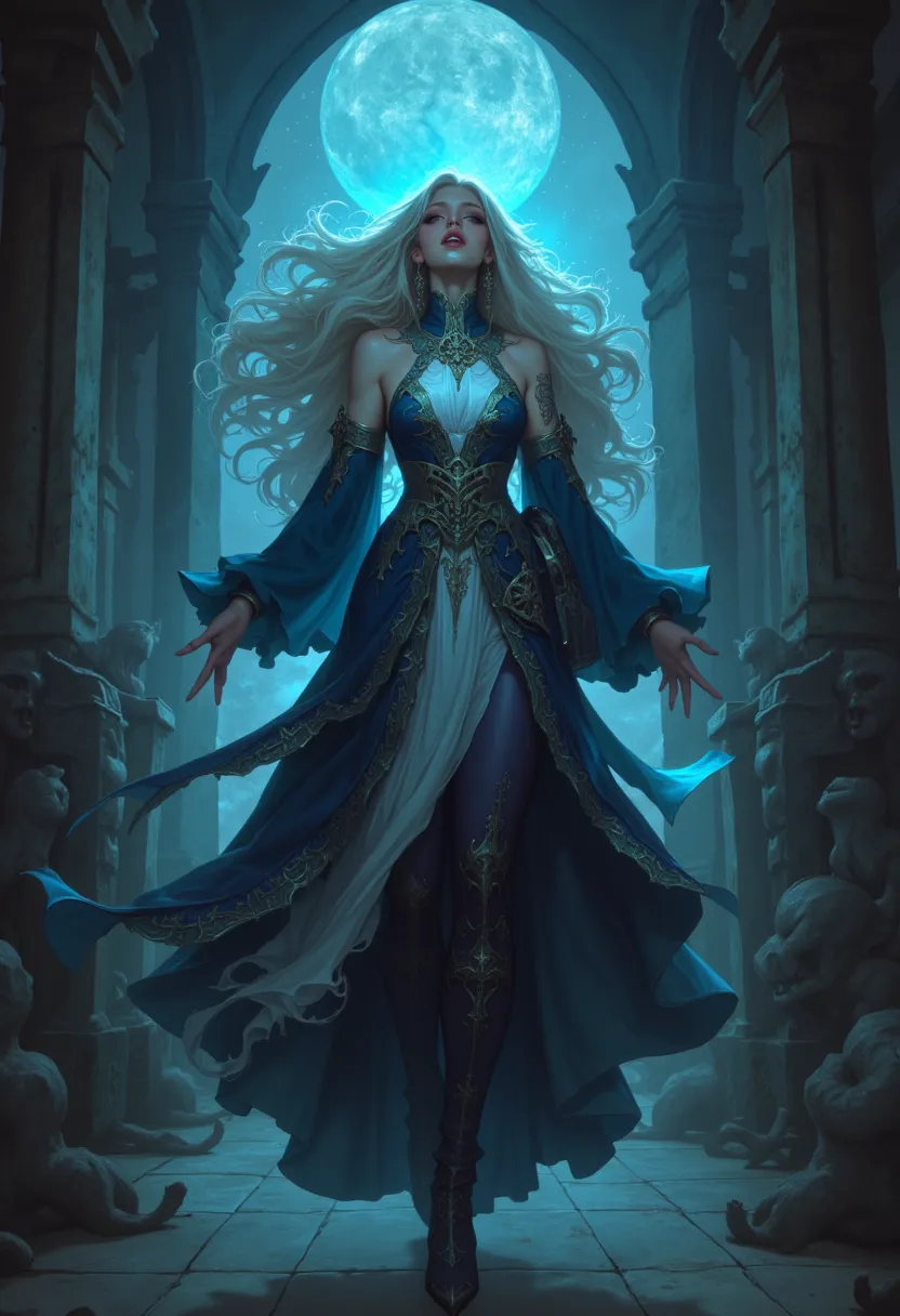 A banshee ghost queen with white hair I go flowing screaming in a shady hall her dress is silver and dark navy blue with details that seem to be made of bones being illuminated by blue flames