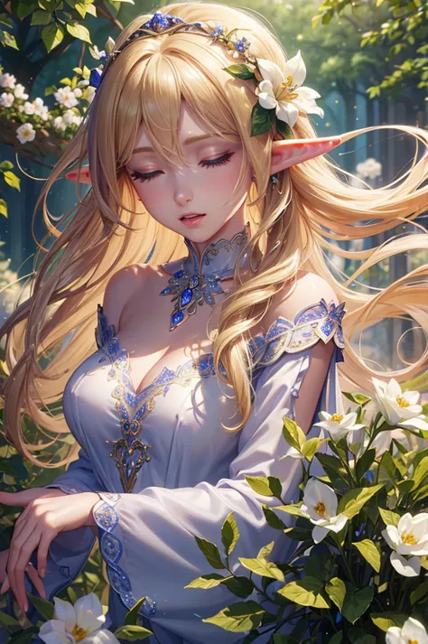 ((masterpiece)),((top quality)),((high detail)), photorealistic, elf woman, singing, blond hair, long hair, closed eyes, Upper body close-up, Look right, Medium Breast, Delicate decoration, Off-shoulder dress, Flower Garden, happy