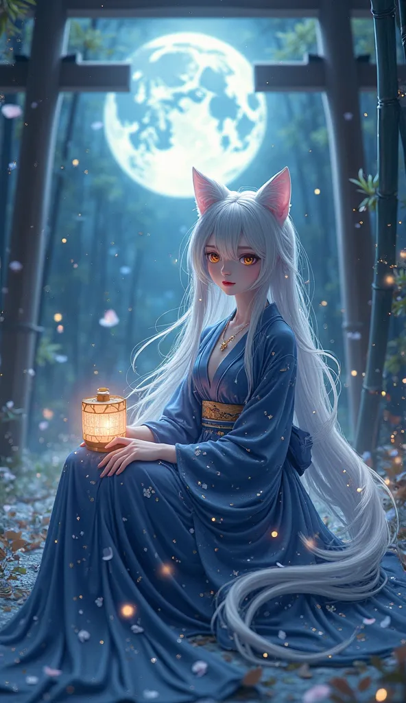 ((Masterpiece, top quality, high resolution, highly detailed CG unified 8K wallpaper)), elegant and ethereal, a mystical catgirl dressed in a flowing midnight-blue kimono embroidered with silver crescent moons, sitting gracefully beneath a glowing full moo...