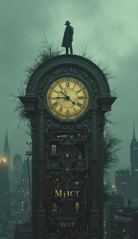 A dim cityscape in the center、A clock with a man standing on it, A clock decorated with artefacts from the 1920s onwards、The clock is arched:Decorated with relics from 1920「Echoes of the Past」"