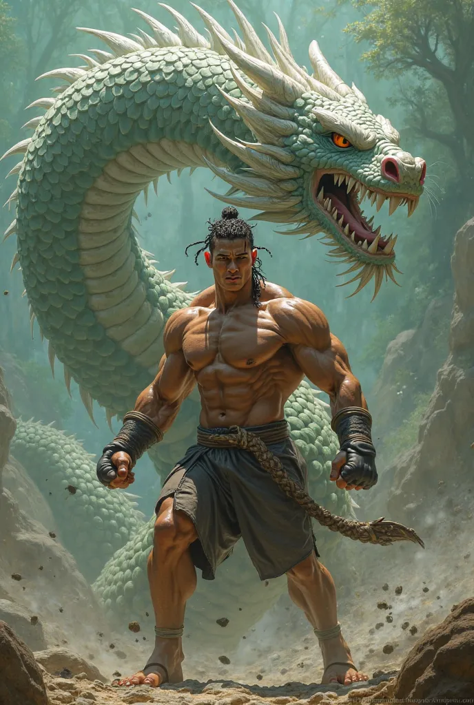 create a realistic image of a Muay Thai fighter, Muscular,  wearing braided hair, in fighting position, with a big green and white dragon behind him