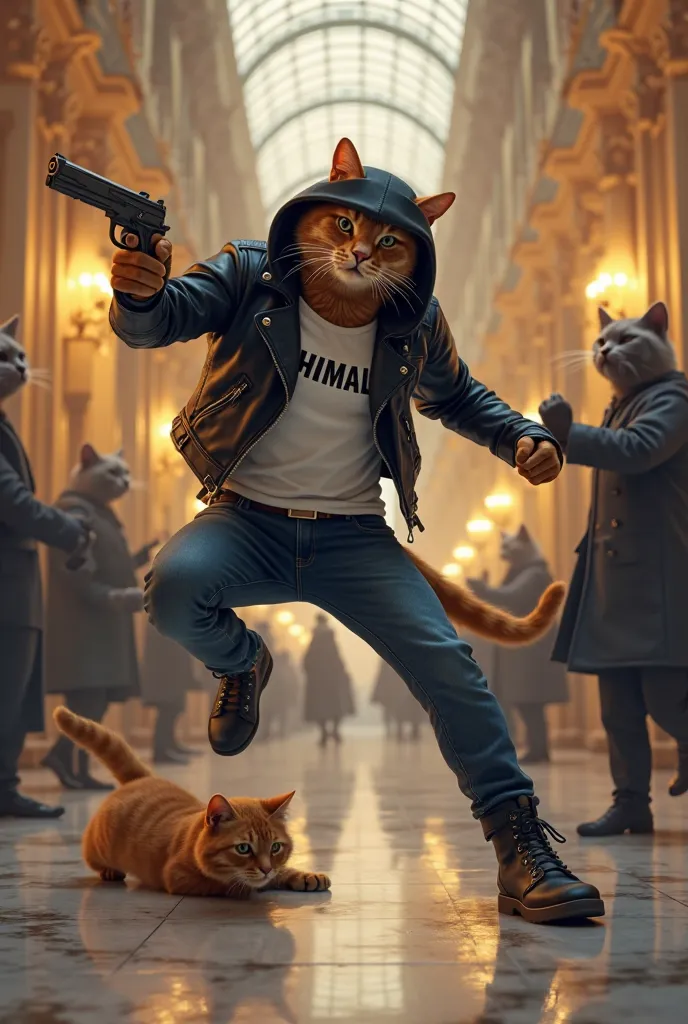 Inside a grand city bank, filled with anthropomorphic cat customers and employees dressed in formal office attire, an intense battle unfolds. Himal, a tall and strong anthropomorphic brown cat, moves with lightning speed, dodging a bullet fired by an orang...