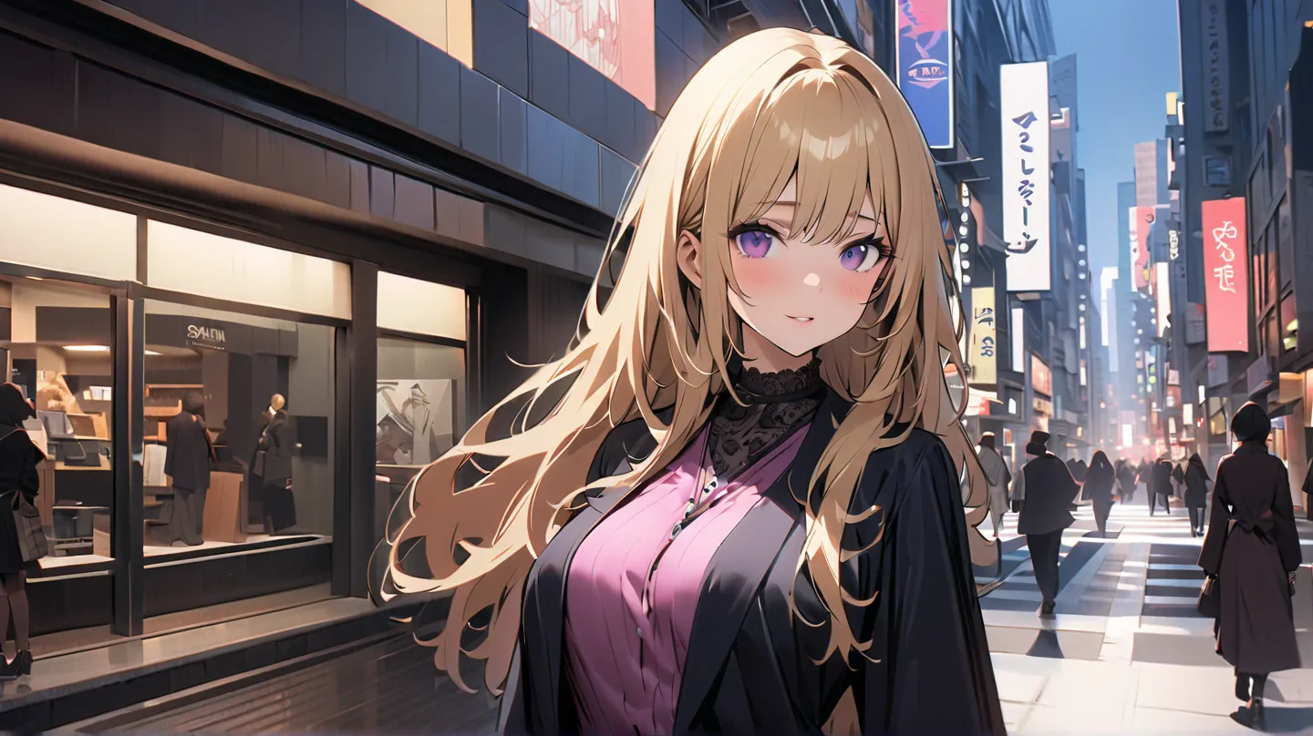 1 girl, alone, solo,
((Top Quality、High Resolution、 highly detailed 8k wallpaper))

purple eyes, long hair,blonde hair,medium boobs,
mature、 Stylishly dressed. ,Shibuya, in front of the store,Good impression,is erotic,