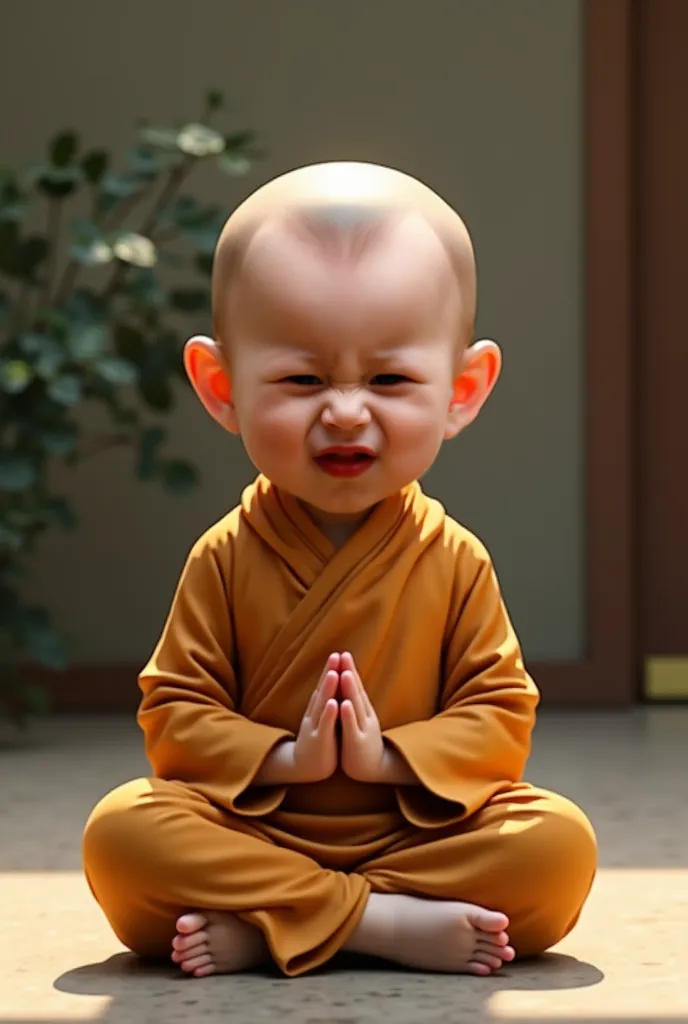 Baby in monk's robe sits chanting