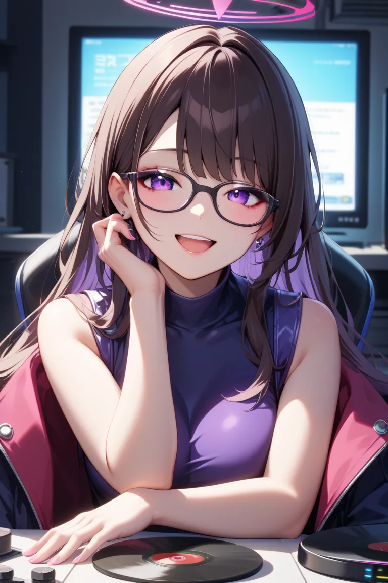  1 girl,high quality、最high image quality、open your mouth and laugh、LOL、smile,  face layer、long hair、 high image quality , glasses, purple eyes、dark brown hair、Perm、archive, turntable 、delivery、gaming chair、Gaming Monitor、 Long Coat 、 high neck、sleeveless