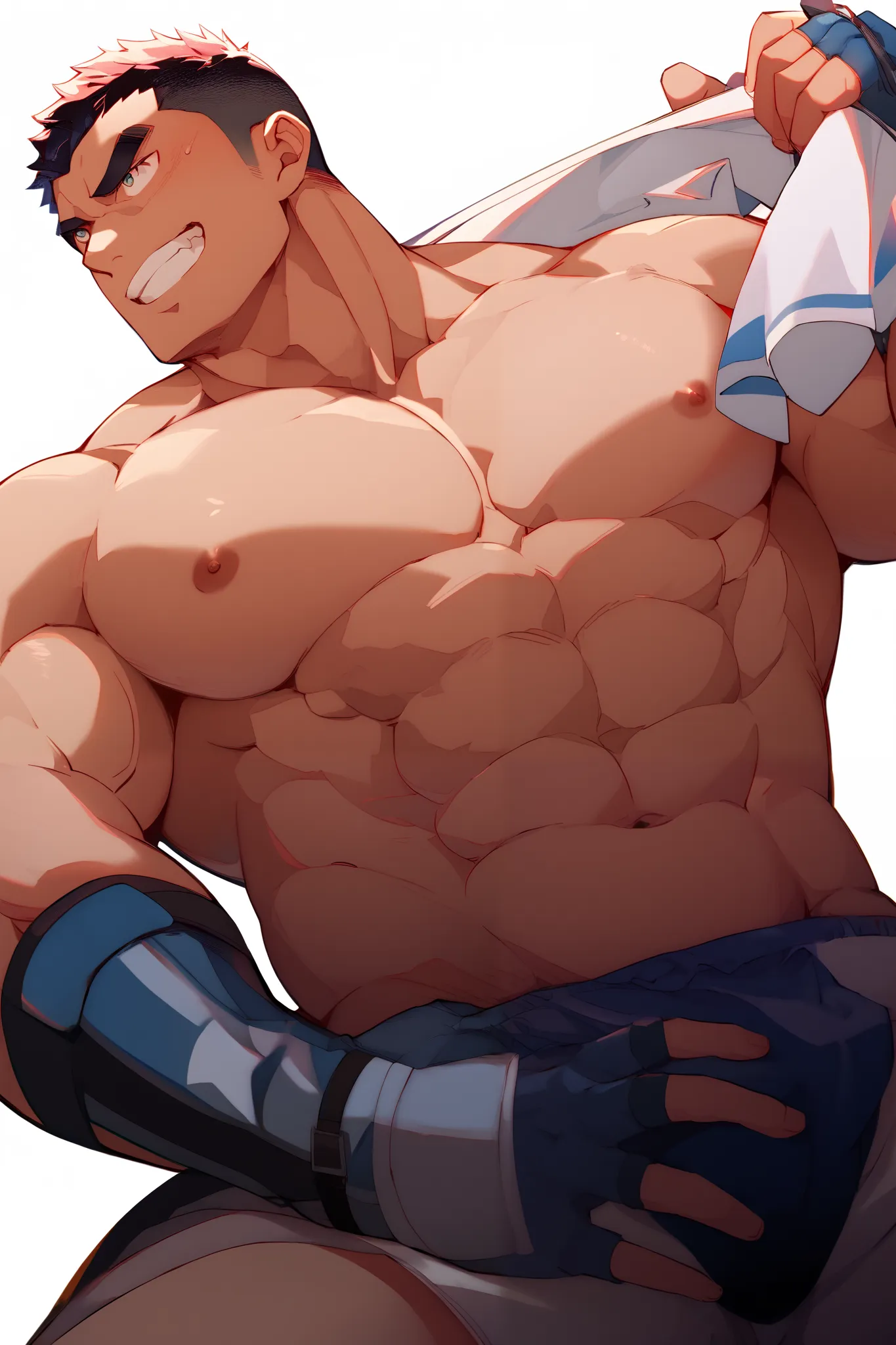 Top Quality、shaved man holding his back is wearing a wrestling uniform、I'm holding my back deeply、I'm putting a towel on my crotch、Thick eyebrows、Sharp Eyes、Japanese、my muscles are bulging up