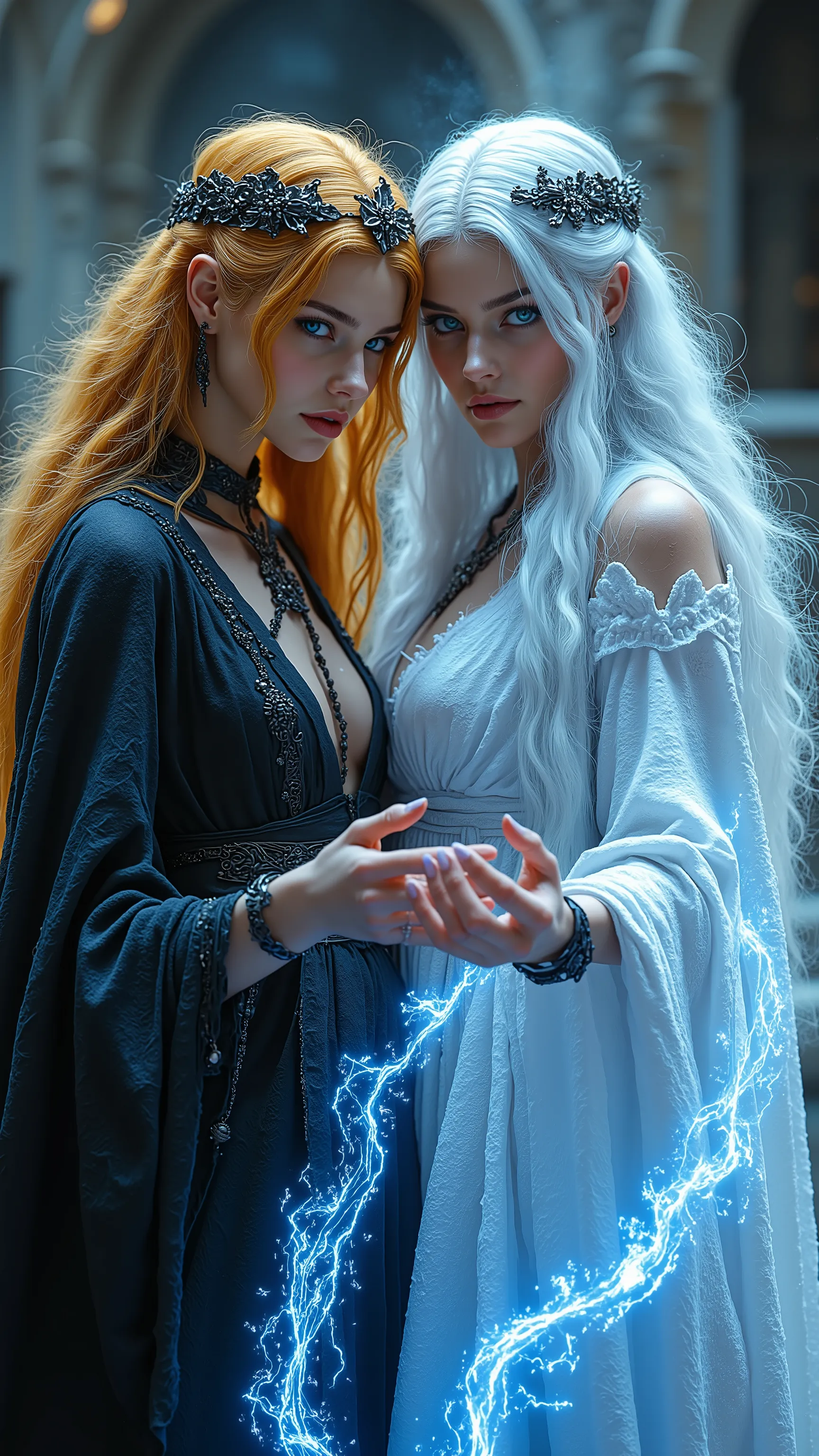 Two beautiful women ,((with blond hair in a black robe，A white robe with white hair))，((A fire spell, a cold spell))，((opposition))， Solemn Expression ，Headband crown，Release the frost spell in your hand at the attack location，fantasy style, Concept Design...