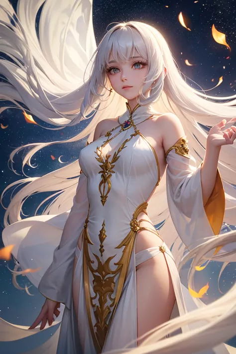 an adult woman with a divine aura radiating a soft, ethereal glow around her. Her long, flowing white hair moves gently with the wind, symbolizing purity and wisdom. In her delicate hand, she holds a mystical flame—a beacon of hope—shimmering with warm, co...