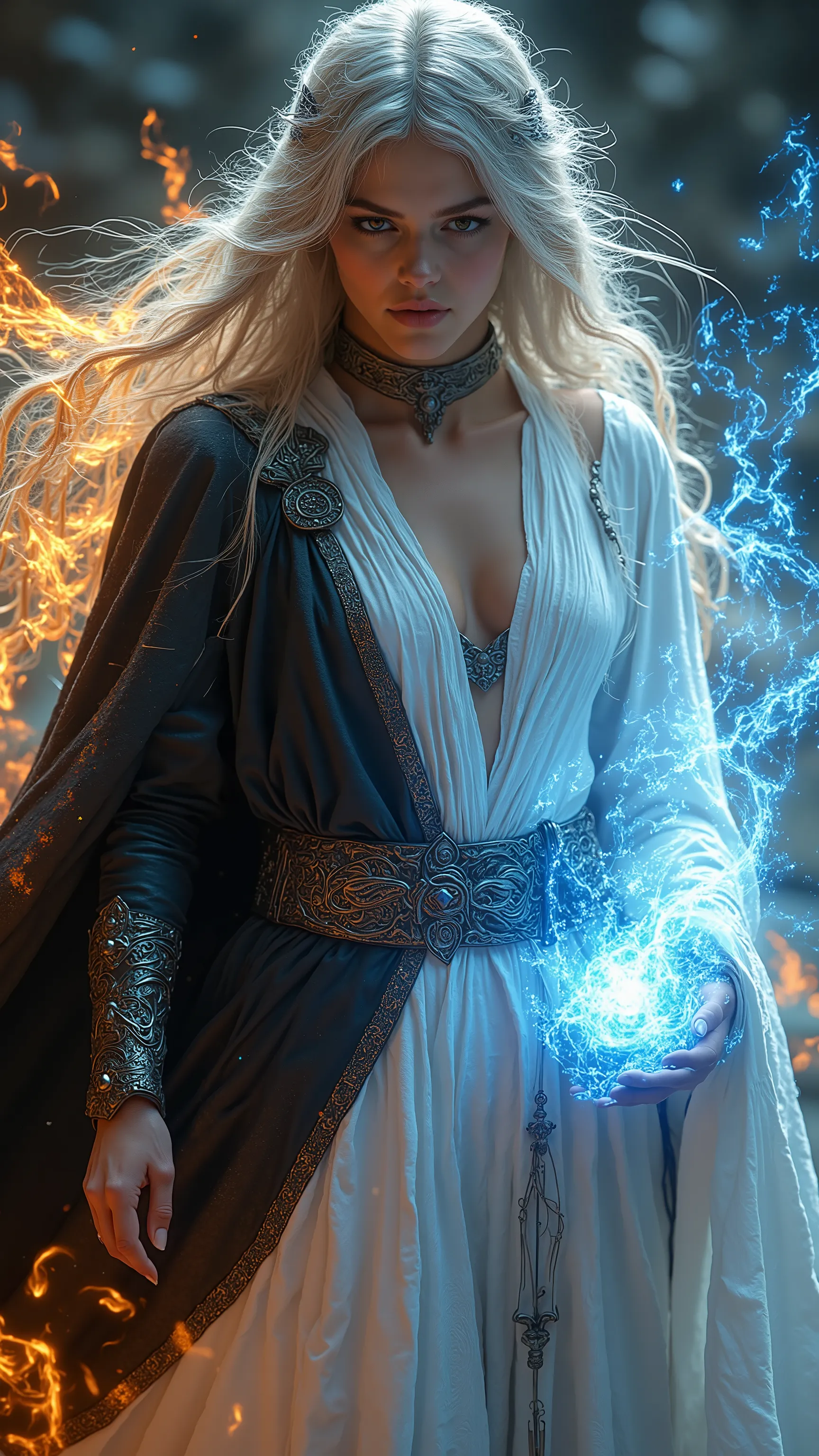 Two beautiful women ,((with blond hair in a black robe，A white robe with white hair))，((A fire spell, a cold spell))，((opposition))， Solemn Expression ，Headband crown，Release the frost spell in your hand at the attack location，fantasy style, Concept Design...