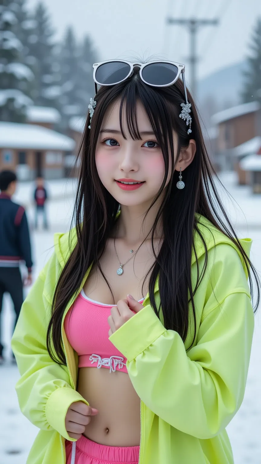 A realistic photo of an amateur Japanese woman, framed in a close-up zoom angle focusing on her upper body and face (from chest to above the head), taken in a snowy Hokkaido mountain village with blurred snow-covered trees and cabins in the background. She...