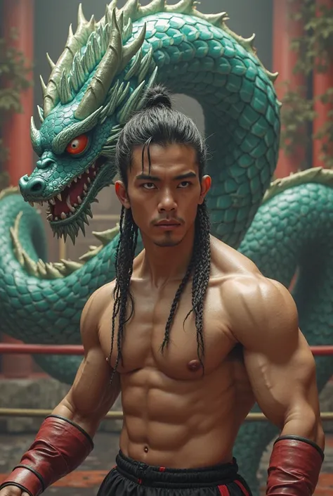 create a realistic image of a Muay Thai fighter, Oriental style, Muscular,  wearing braided hair, in fighting position, with a big green and blue dragon behind him