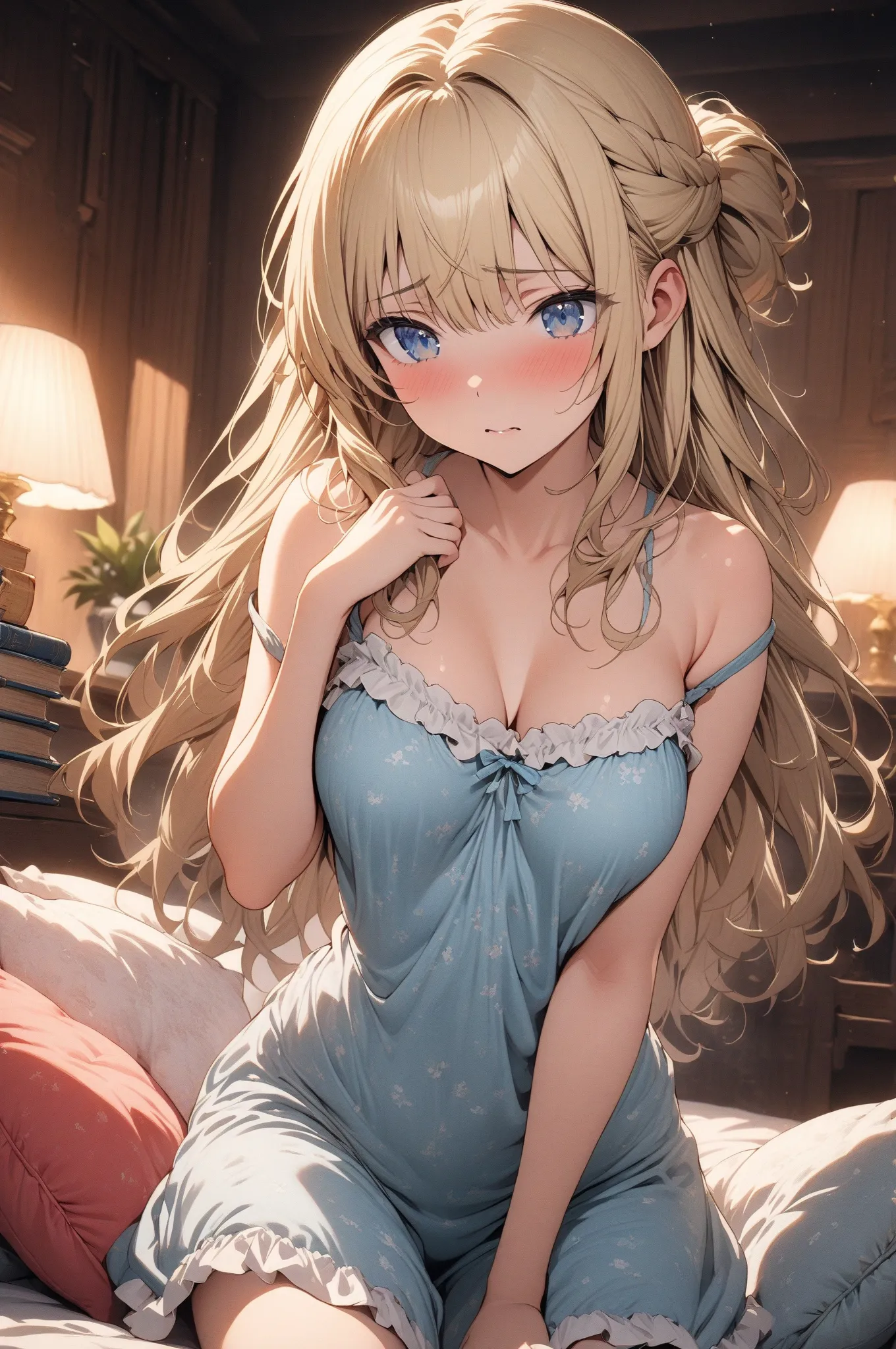 (masterpiece, detailed:1.2), One Girl, Princess, (18-years old), blonde half updo, Medium Breasts, sky blue eyes, in shy, BREAK, Highest quality, Sexy room wear, in her room, cushions, books, at night