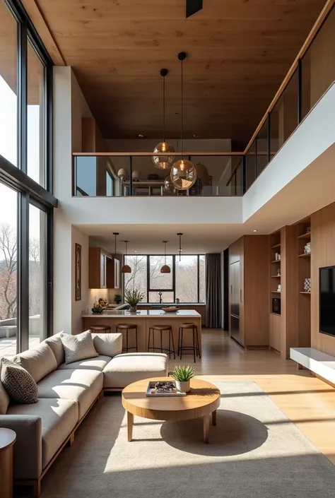 "A modern living room and a separate kitchen, connected visually through a large interior window. The living room is cozy, featuring a comfortable sofa set, a coffee table, and a TV mounted on the wall. The kitchen, visible through the window, has sleek ca...