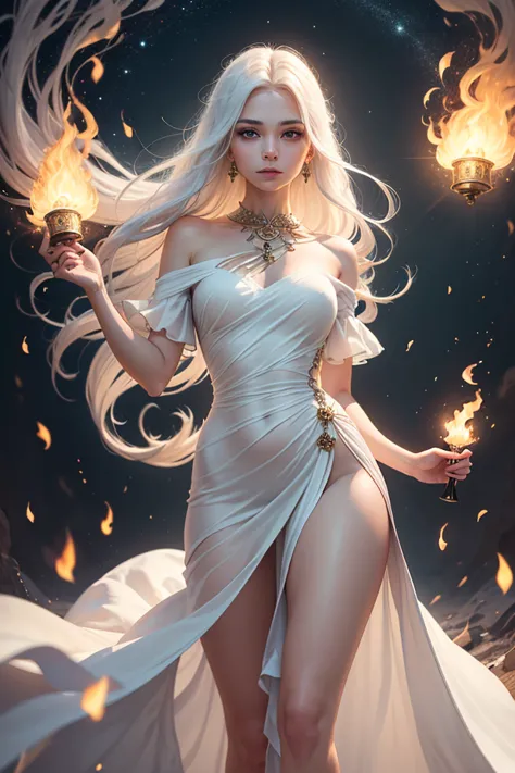 an adult woman with a divine aura radiating a soft, ethereal glow around her. Her long, flowing white hair moves gently with the wind, symbolizing purity and wisdom. In her delicate hand, she holds a mystical flame—a beacon of hope—shimmering with warm, co...