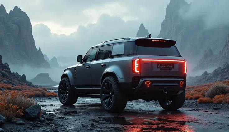 a highly detailed, ultra-realistic 8k image of the back side profile angle view with Land Rover logo, of a futuristic 2025 Land Rover Defender SUV, featuring advanced aerodynamic design, sharp angular body panels, sleek LED taillights, robust off-road tire...