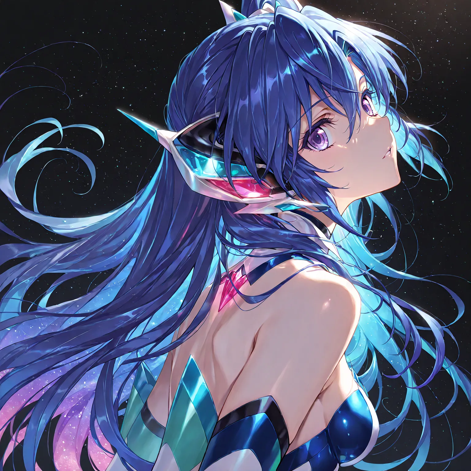 (( 1 girl)), Symphogear、Kazanari Tsubasa 、Fengmingyi、black background,colorful, succubus、 small tits、vibrant, Shining Contours ,neon,green、Official Art、viewer, masterpiece, very aesthetic、starry sky、 side view、Light powder、neonヘア、