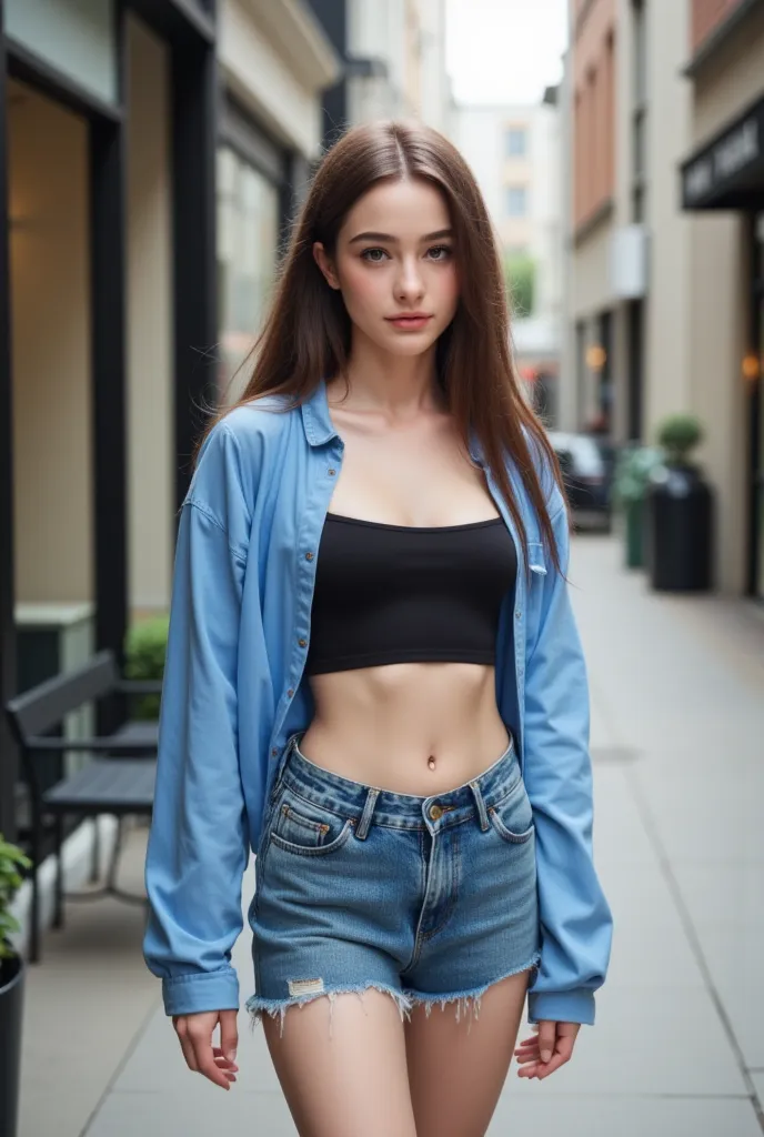 A girl on the sidewalk dressed in a blue top, a black bra and a mini skirt.