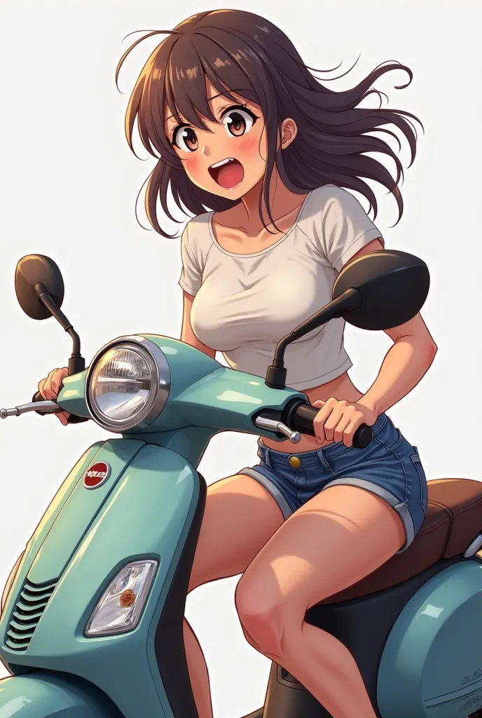 1girl, detailed hair, medium large breasts, shirt, dolphin shorts, tight clothes, ((sitting on scooter, side view, knees up, shaking, motion lines, heavy breathing, blushing, dynamic angle)), masterpiece, best quality, high quality, super detailed, source_...