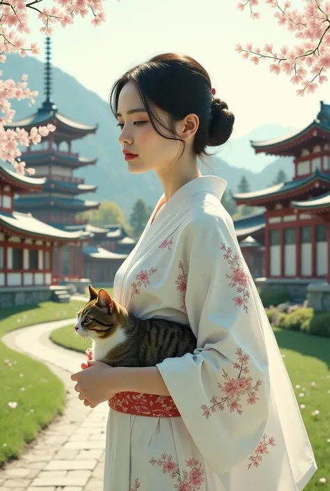 Create a picture of a Japanese woman wearing a white kimono against a school background with a cat in her bag.