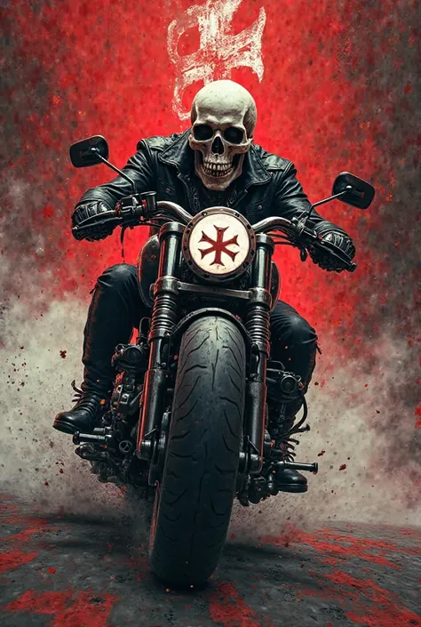 Skull riding a motorcycle, with the Maltese motera cross, That you have the initials C.b.f.f.C.b, That I have the . colors red black and white
