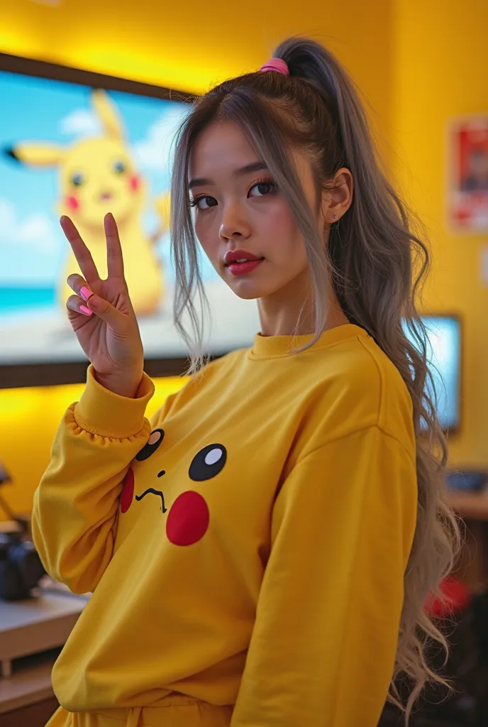 An american girl ,  Clear focus: 1.2,  curvy body ,  huge breasts ,  big rounded breasts , cleavage shown, ( pigtails ash gray hair ), ( tight yellow sweatshirt by Pikachu without zipper), (yellow miniskirt), , sign of peace, in the yellow gaming room  ,  ...