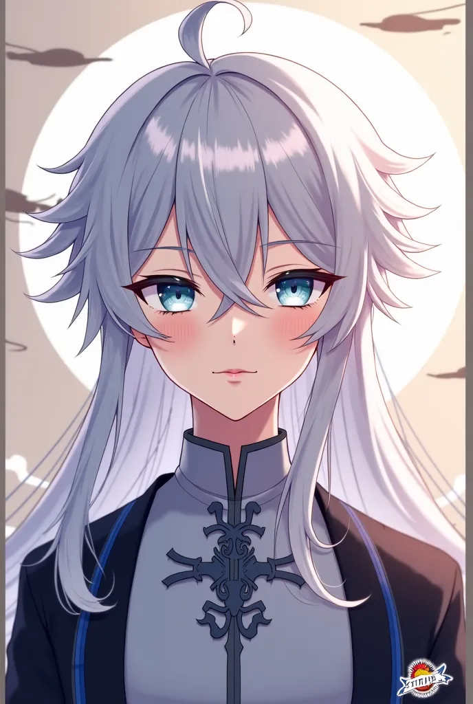 Anime boy character, white hair, long hair,  straight hair, beautiful, blue eyes, design,  Japanese anime .