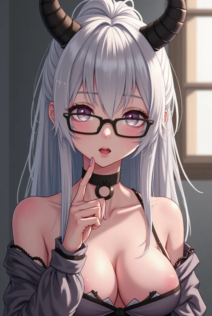 An oni girl with white long pony hair and showing her big tits without clothes One of the hand touching her big tits Grey Eepy sad Eyes
Black oni horns
Low thin round glasses black
and showering at the house Like Sexy Anime Hentai Vershion 
