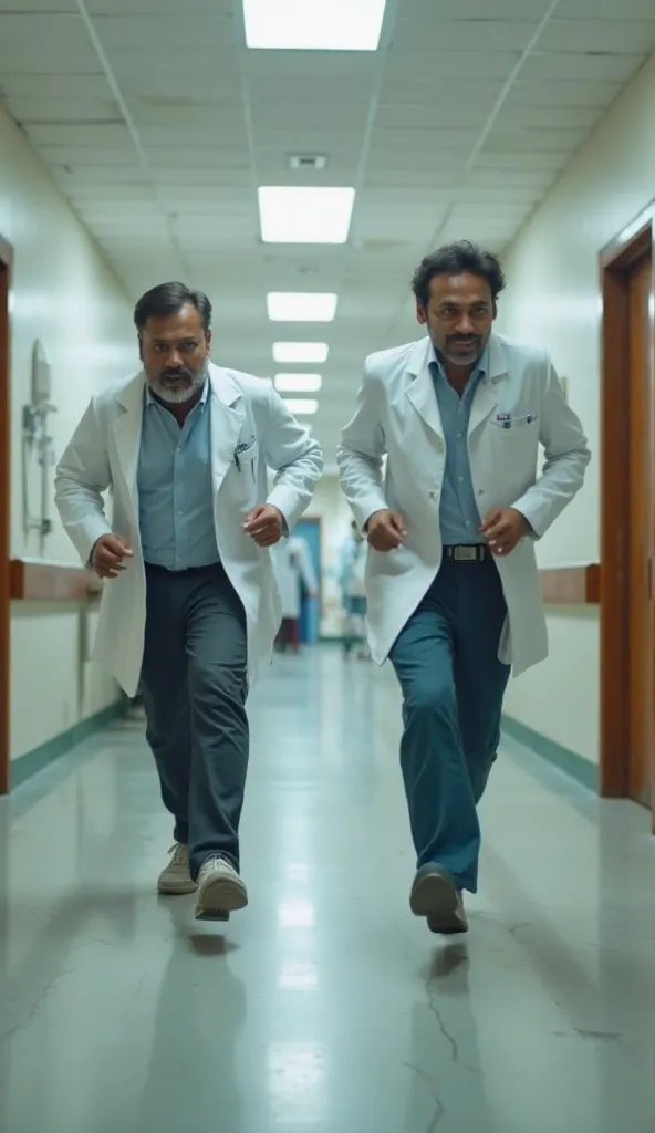 Inside the hospital, two Indian doctors in white coats are seen running toward the emergency room. Their mouths are open, as if they are shouting instructions, their expressions filled with urgency. They sprint through a basic hospital corridor with white ...