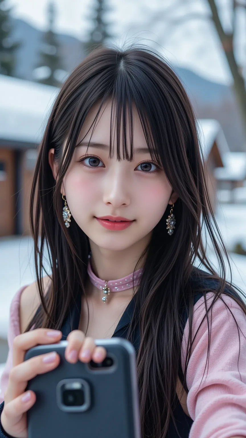 A realistic photo of an amateur Japanese woman, framed in a close-up zoom angle focusing on her upper body and face (from chest to above the head), taken in a snowy Hokkaido mountain village with blurred snow-covered trees and cabins in the background. She...