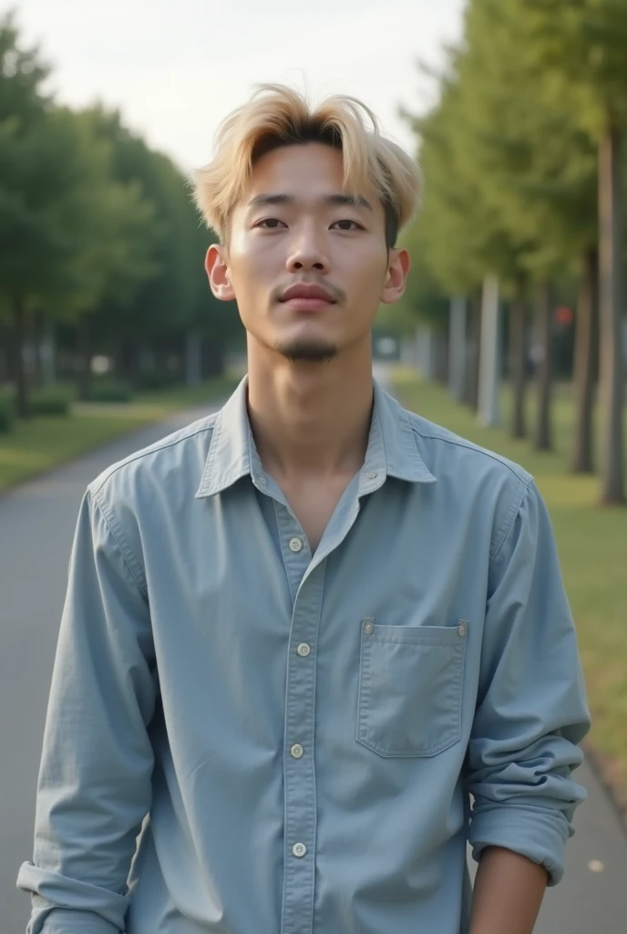 20-year-old korean guy, Blonde hair, Full Sleves Shirt,silky blonde disheveled hairstyle, Square face shape, light beard, looking up at the camera, Walking on an empty road, Direct ownership, perfect  lighting, deep shadow, Best Quality, Masterpiece, ultra...