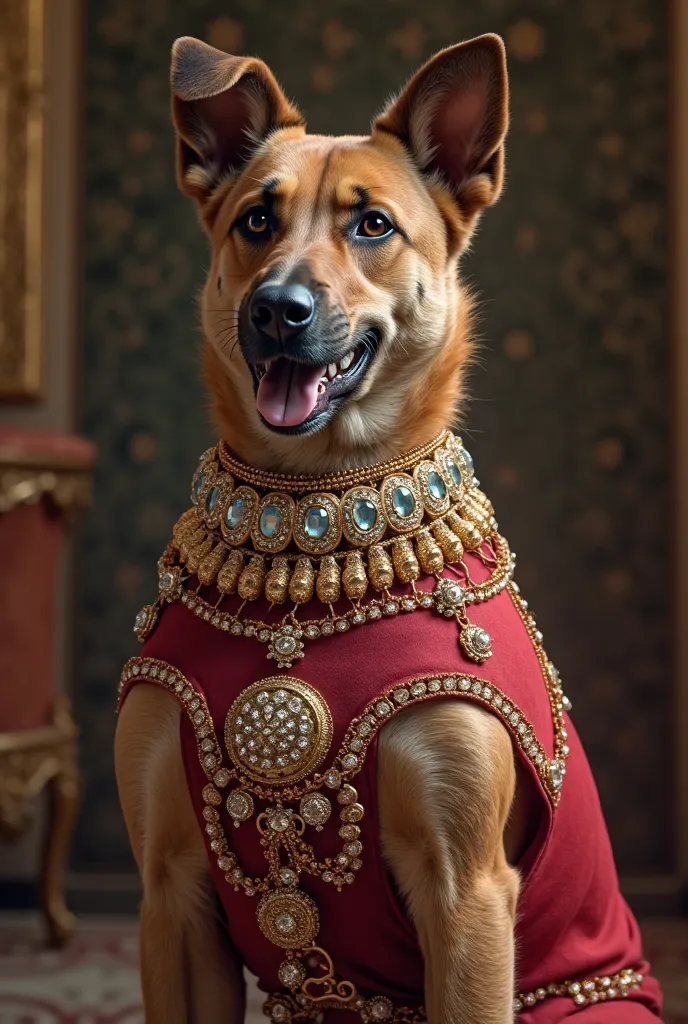 Dog with a calla de Malo in red and gold full of jewels and diamonds