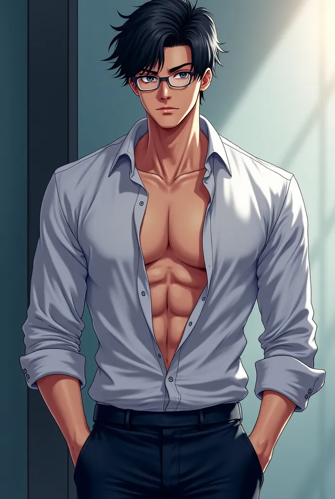 Anime  man , he's a teacher, got a bit muscles, have short black stylish hair , wearing glasses , his shirt were open showing his chest while his hands in pocket