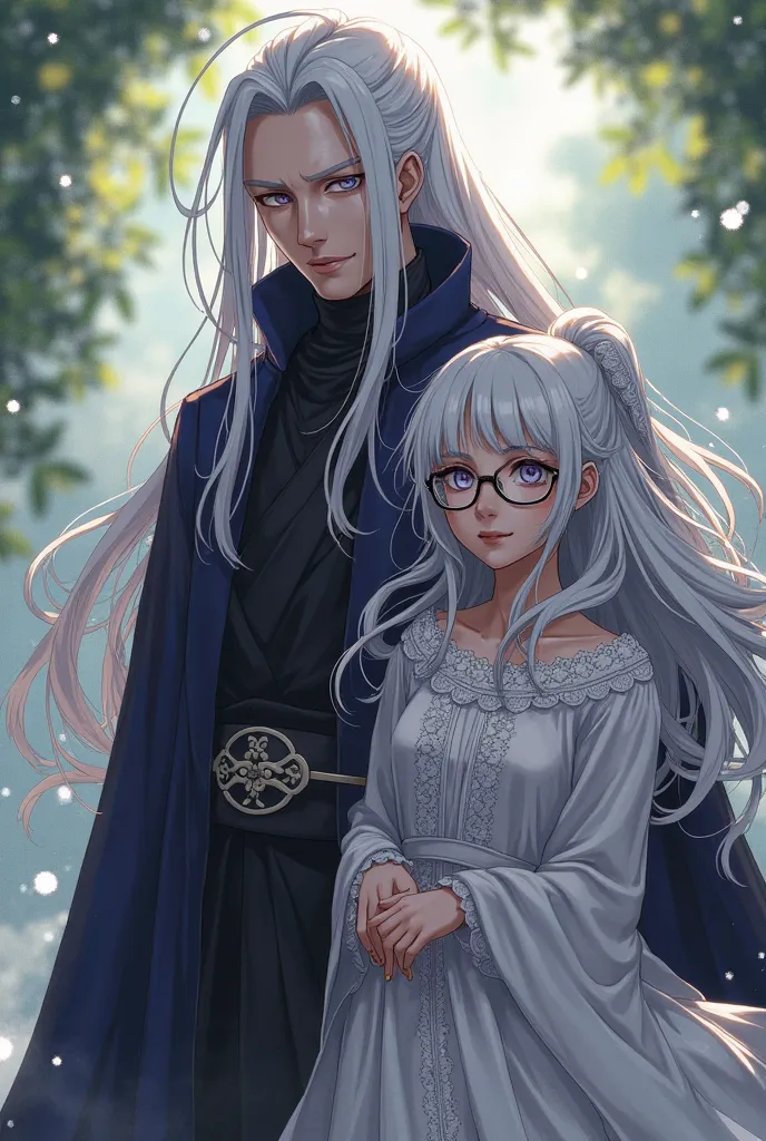 madara uchiha with a girl who has long white hair lilac eyes wearing glasses in a cute dress