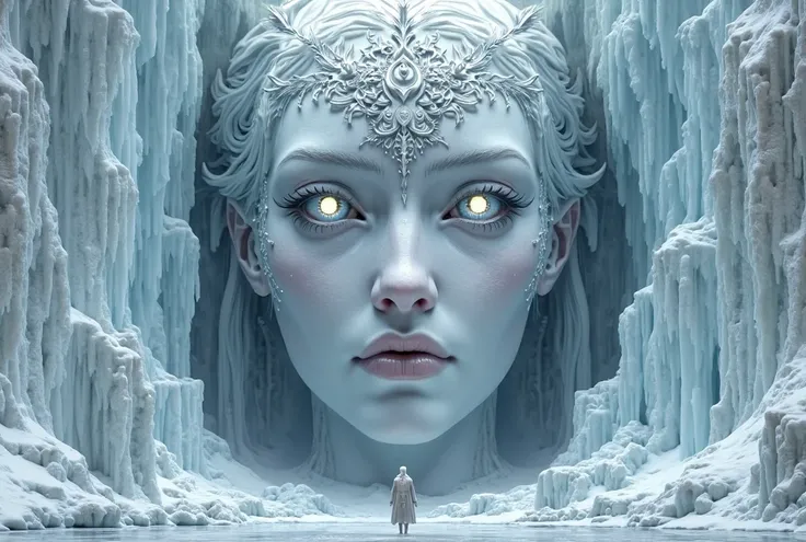 A mysterious face of a giant statue sculpted on one of the ice walls of Antarctica,This face bears a feminine and terrifying resemblance to white and mysterious eyes. Epic fantasy 3D cinematic style .