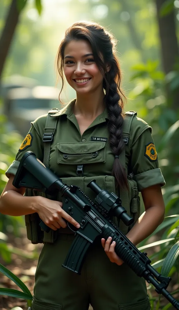 (Ultra-realistic, 8K, HDR, photorealistic:1.4) A Brazilian female soldier standing confidently in a tropical jungle environment, smiling as she looks at the camera. She wears a well-textured green camouflage uniform with an FAL rifle in her hands. The back...