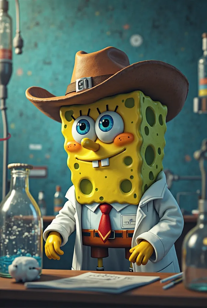 Create a laboratory where the doctors are several SpongeBob and they have cowboy hats and they are creating gifs of dancing cats and that the images are realistic, Don't forget to put doctors Bob with depressed faces and cigarettes in their mouths