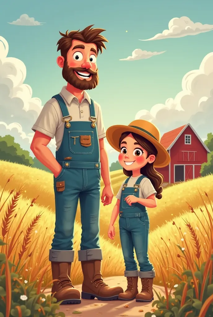  and her dad in cartoon, day in a farm