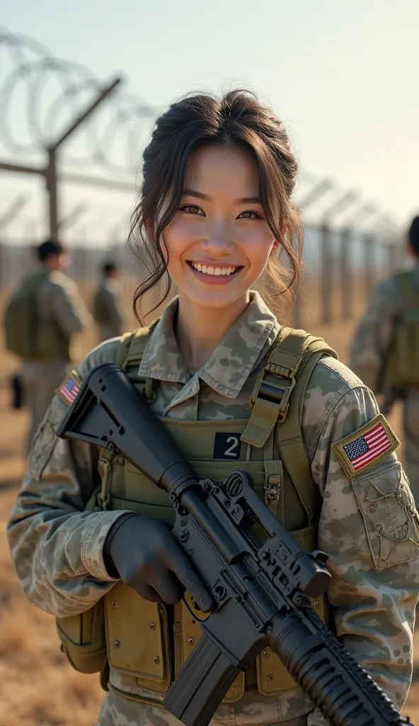 (Ultra-realistic, 8K, HDR, photorealistic:1.4) A South Korean female soldier in full combat gear, confidently smiling while looking at the camera. She wears a perfectly detailed camouflage uniform, with a K2 assault rifle resting on her shoulder. The backg...