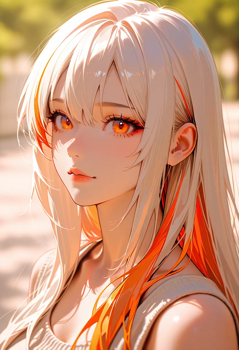 1 female, long hair, white hair with orange highlights, orange eyes, beautiful face, wearing casual gray clothes.