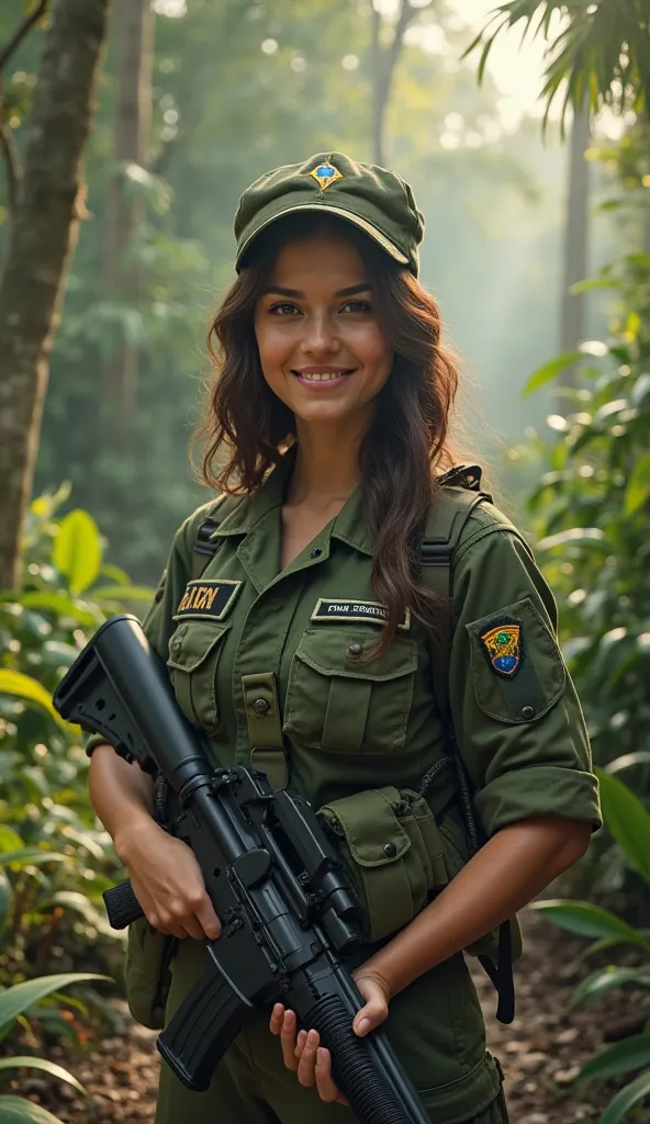 (Ultra-realistic, 8K, HDR, photorealistic:1.4) A Brazilian female soldier standing confidently in a tropical jungle environment, smiling as she looks at the camera. She wears a well-textured green camouflage uniform with an FAL rifle in her hands. The back...